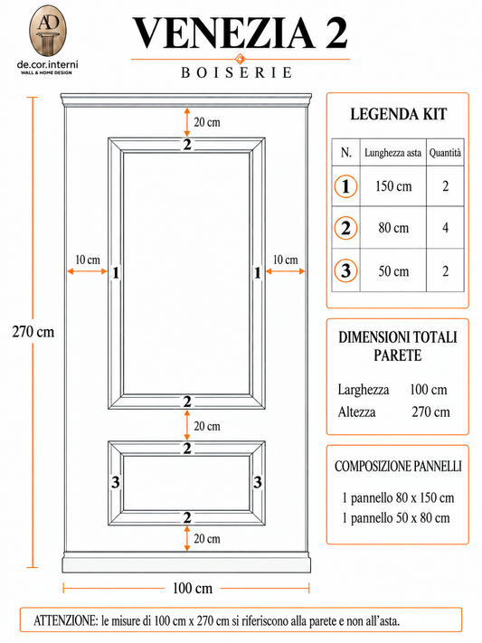 Boiserie Kit pretagliato completo - Modello "Venezia 2" - Dim. parete L 100cm H 270-300cm