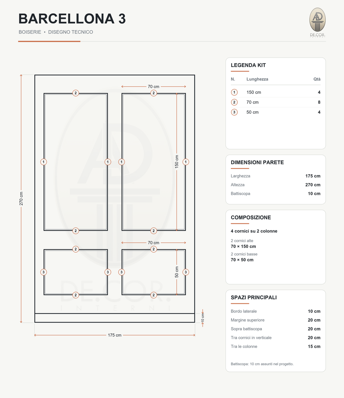 Boiserie Barcellona 3 – scheda tecnica con misure del kit