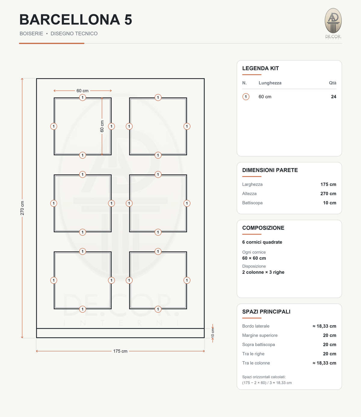 Boiserie Barcellona 5 – scheda tecnica con misure del kit
