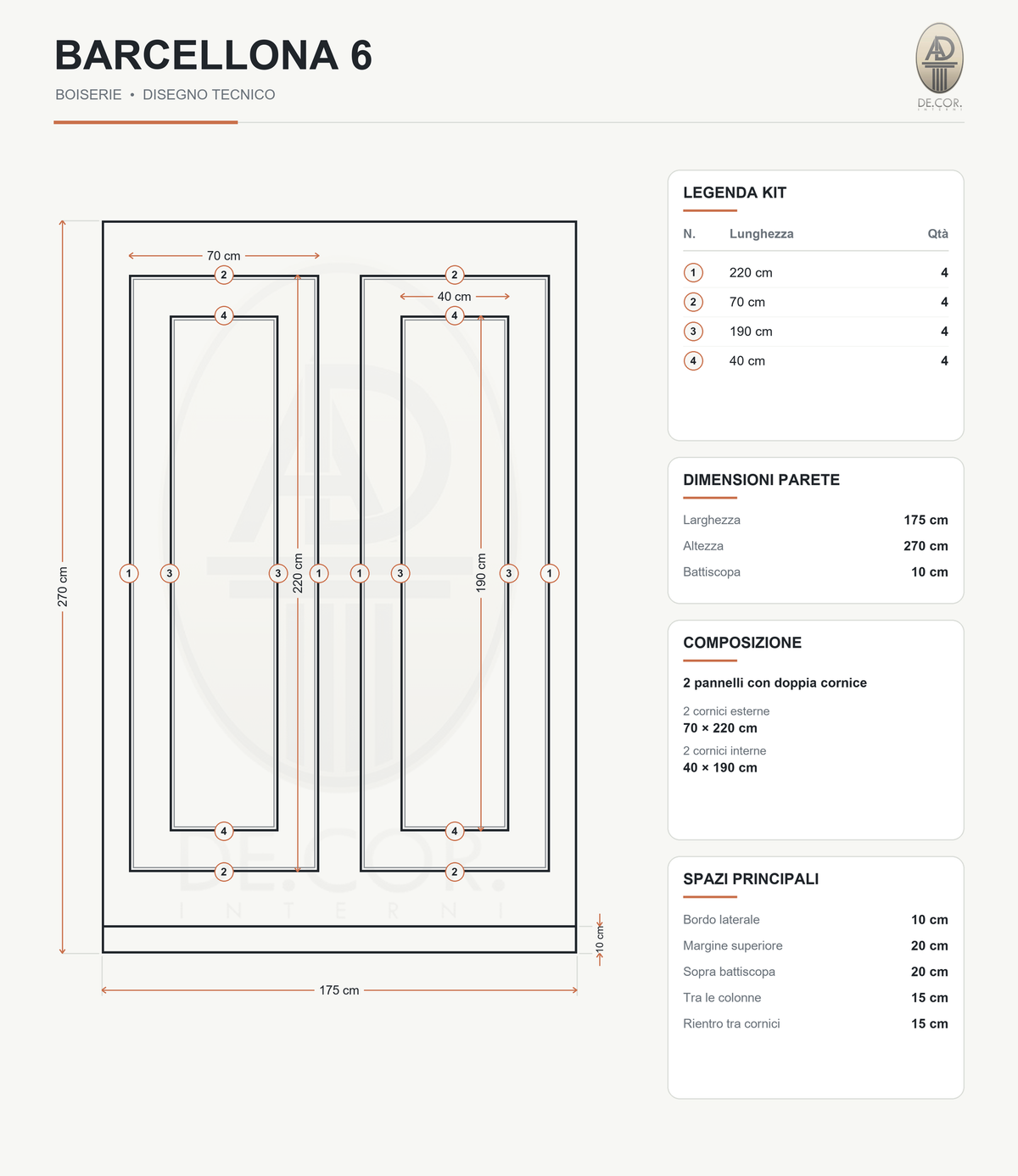 Boiserie Barcellona 6 – scheda tecnica con misure del kit