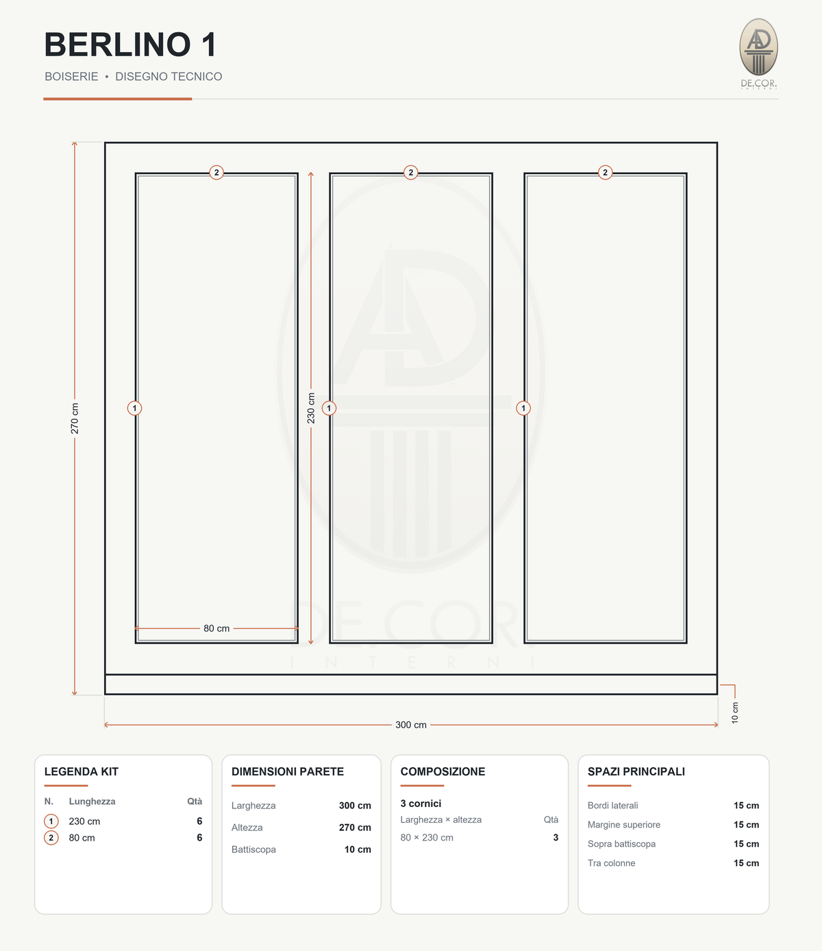 Boiserie Berlino 1 – scheda tecnica con misure del kit