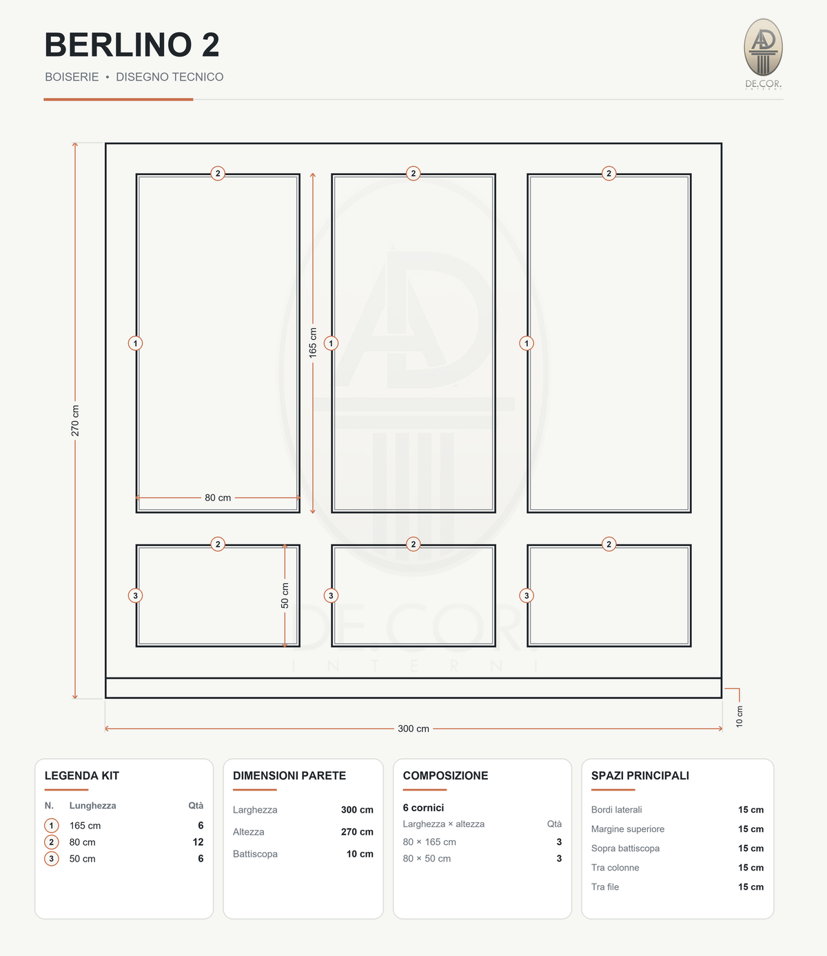 Boiserie Berlino 2 – scheda tecnica con misure del kit