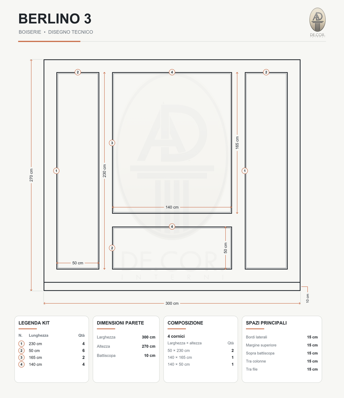 Boiserie Berlino 3 – scheda tecnica con misure del kit