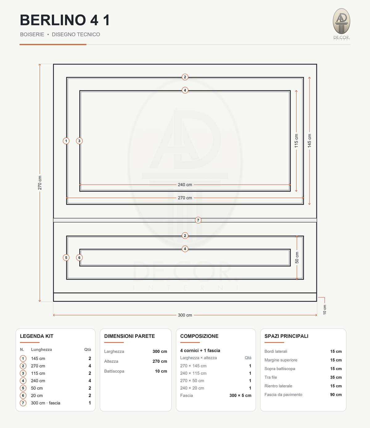 Boiserie Berlino 4B – scheda tecnica con misure del kit