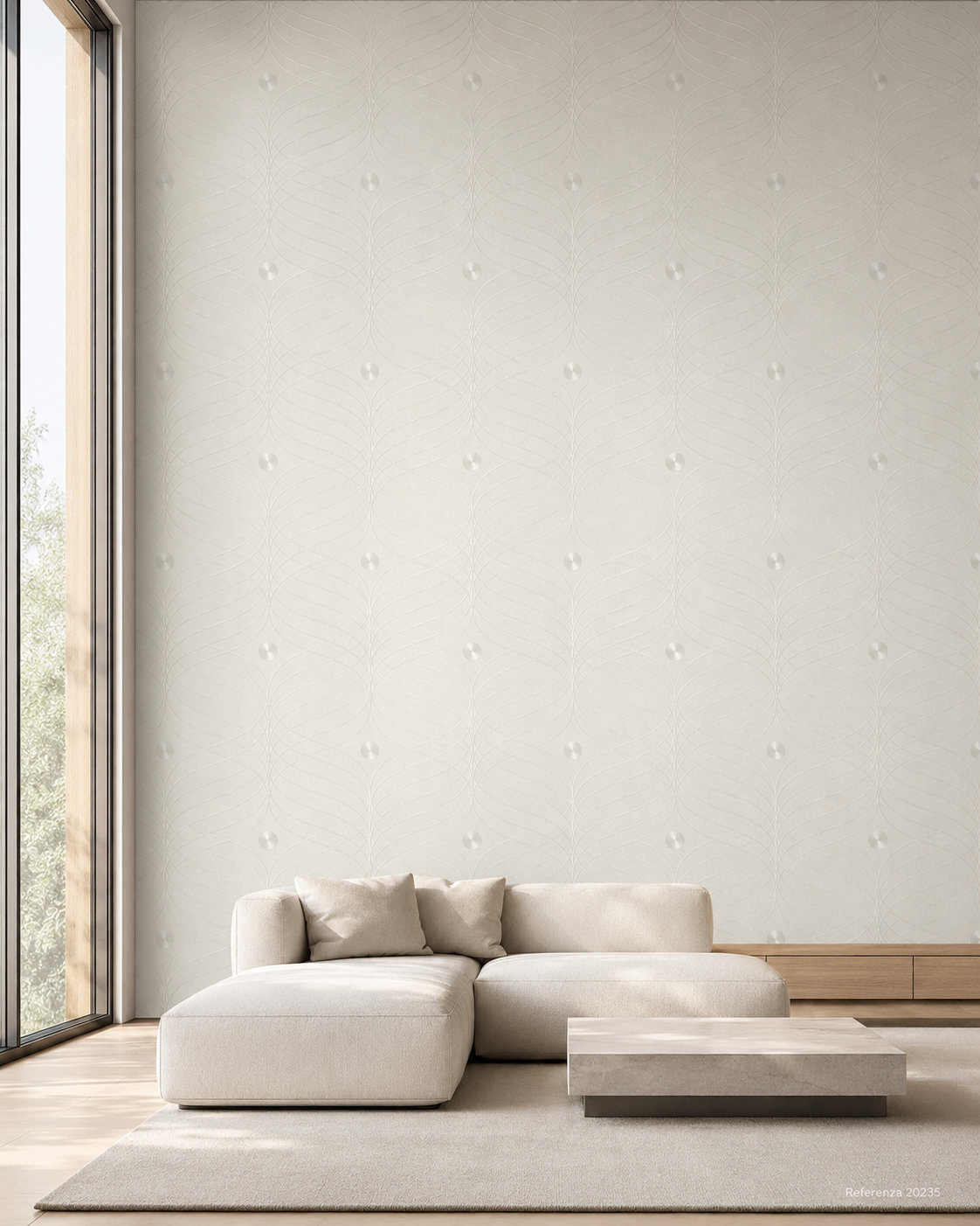 Carta da parati Marburg 20235 bianco perla in soggiorno minimal