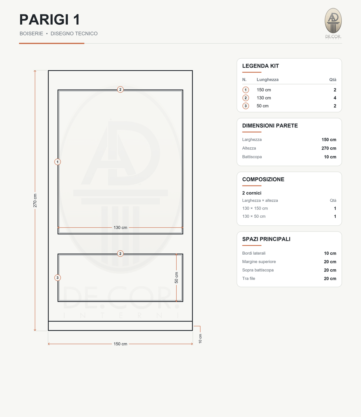 Boiserie Parigi 1 – scheda tecnica con misure del kit