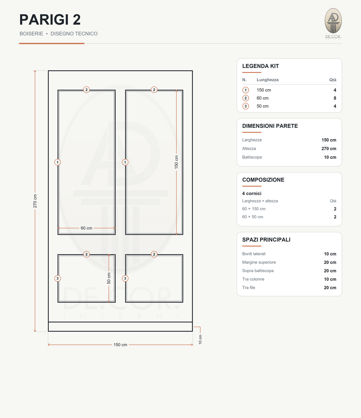 Boiserie Parigi 2 – scheda tecnica con misure del kit
