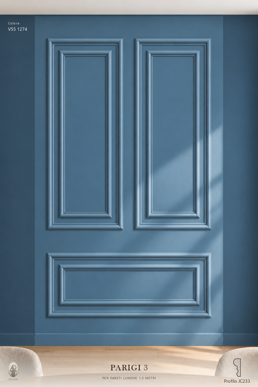 Boiserie Parigi 3 con profilo JC233 – parete decorata