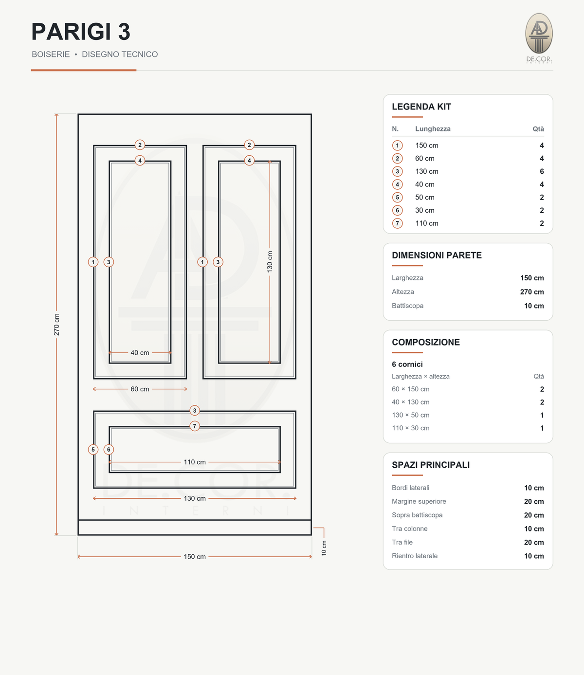 Boiserie Parigi 3 – scheda tecnica con misure del kit