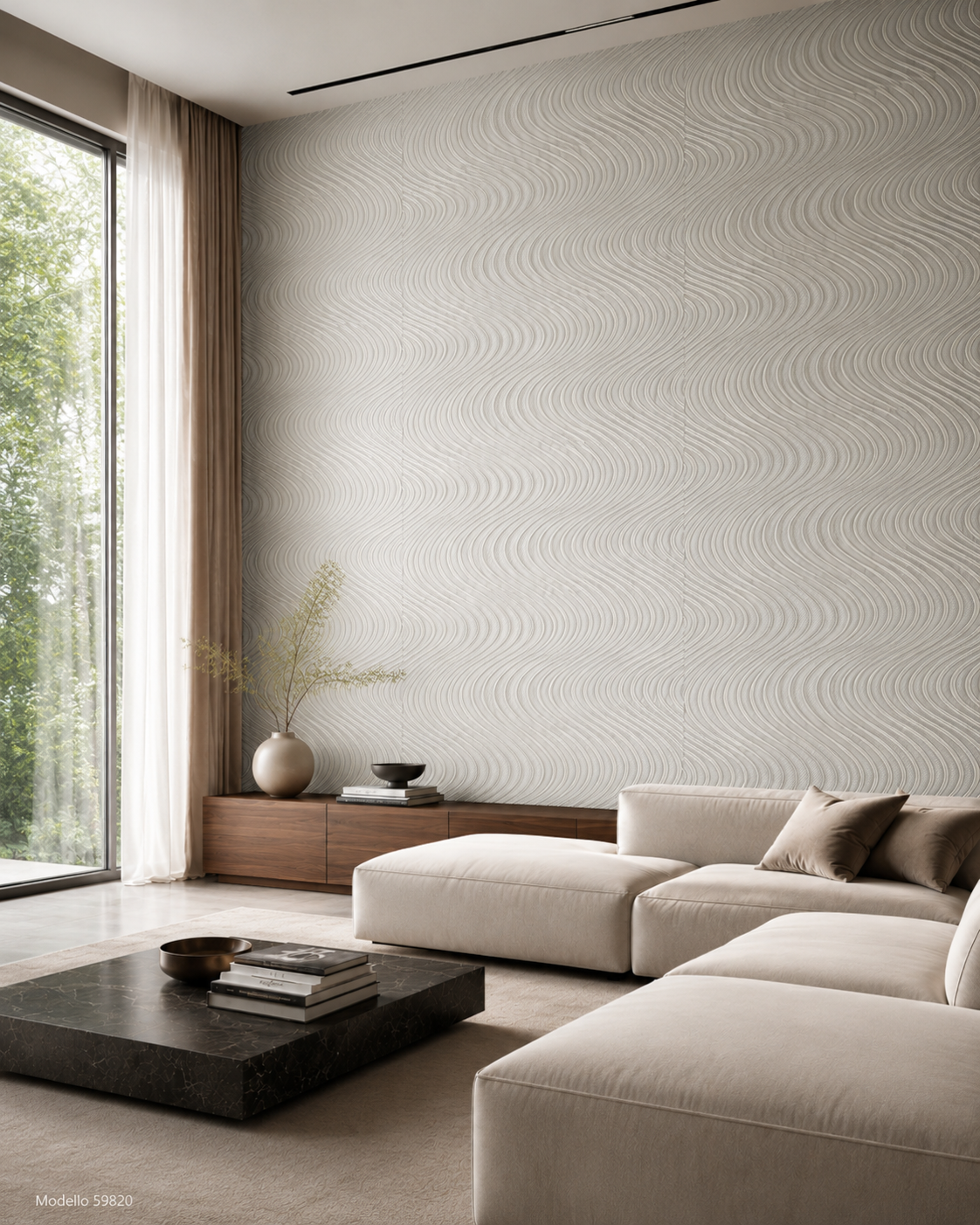 Carta da parati Marburg  Wallcovering - 59820 grigio perla motivo a onde effetto 3D