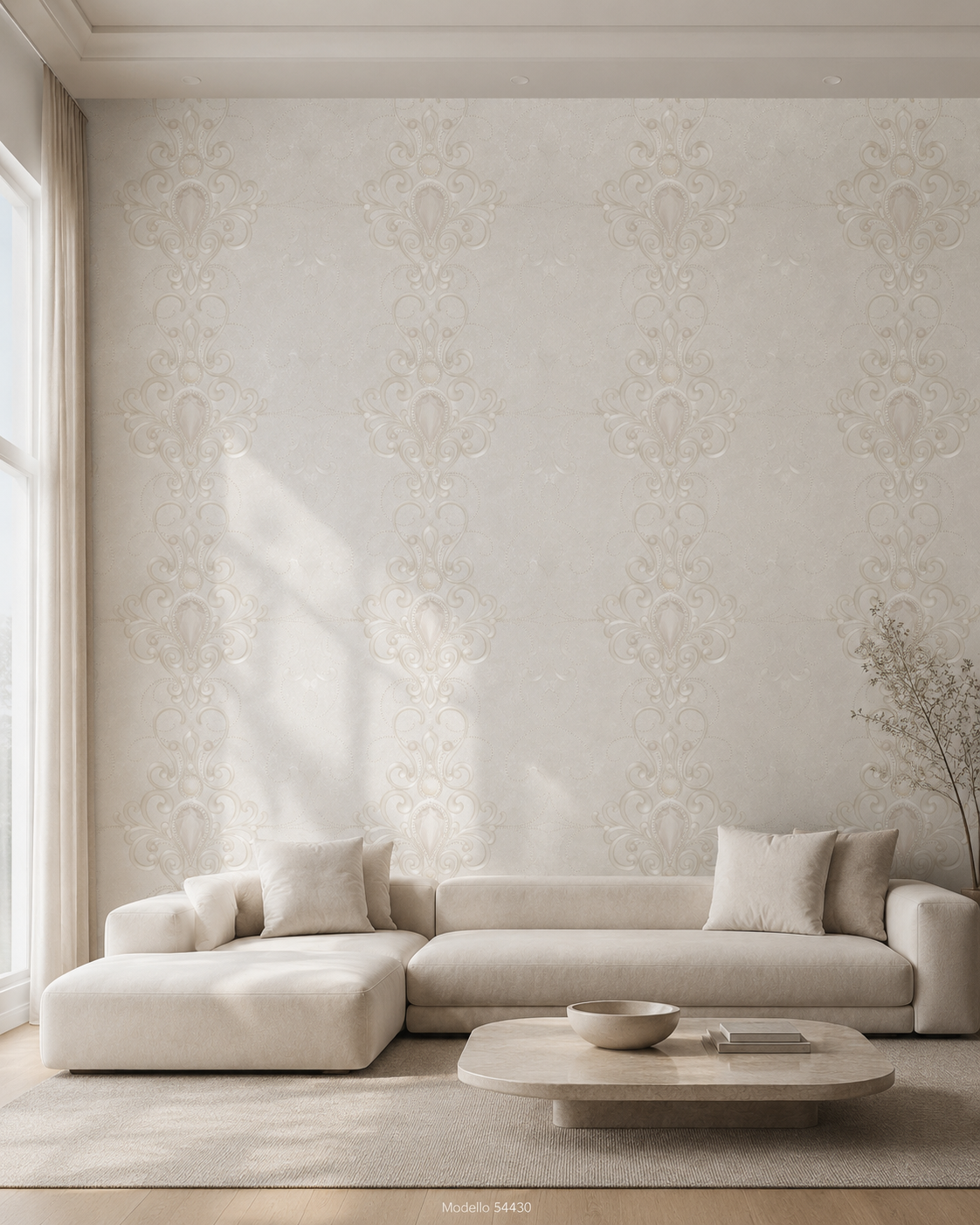 Carta da parati Marburg  Wallcovering - 54430 bianco perla damascato barocco con cristalli in rilievo