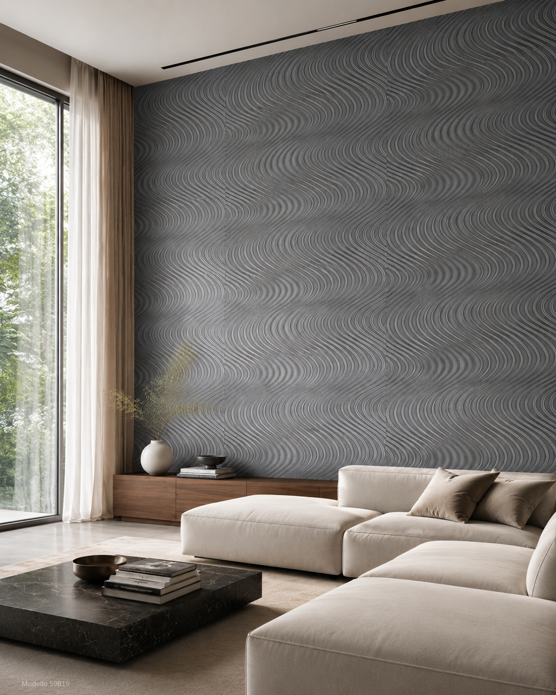 Carta da parati Marburg  Wallcovering - 59819 antracite motivo a onde effetto 3D
