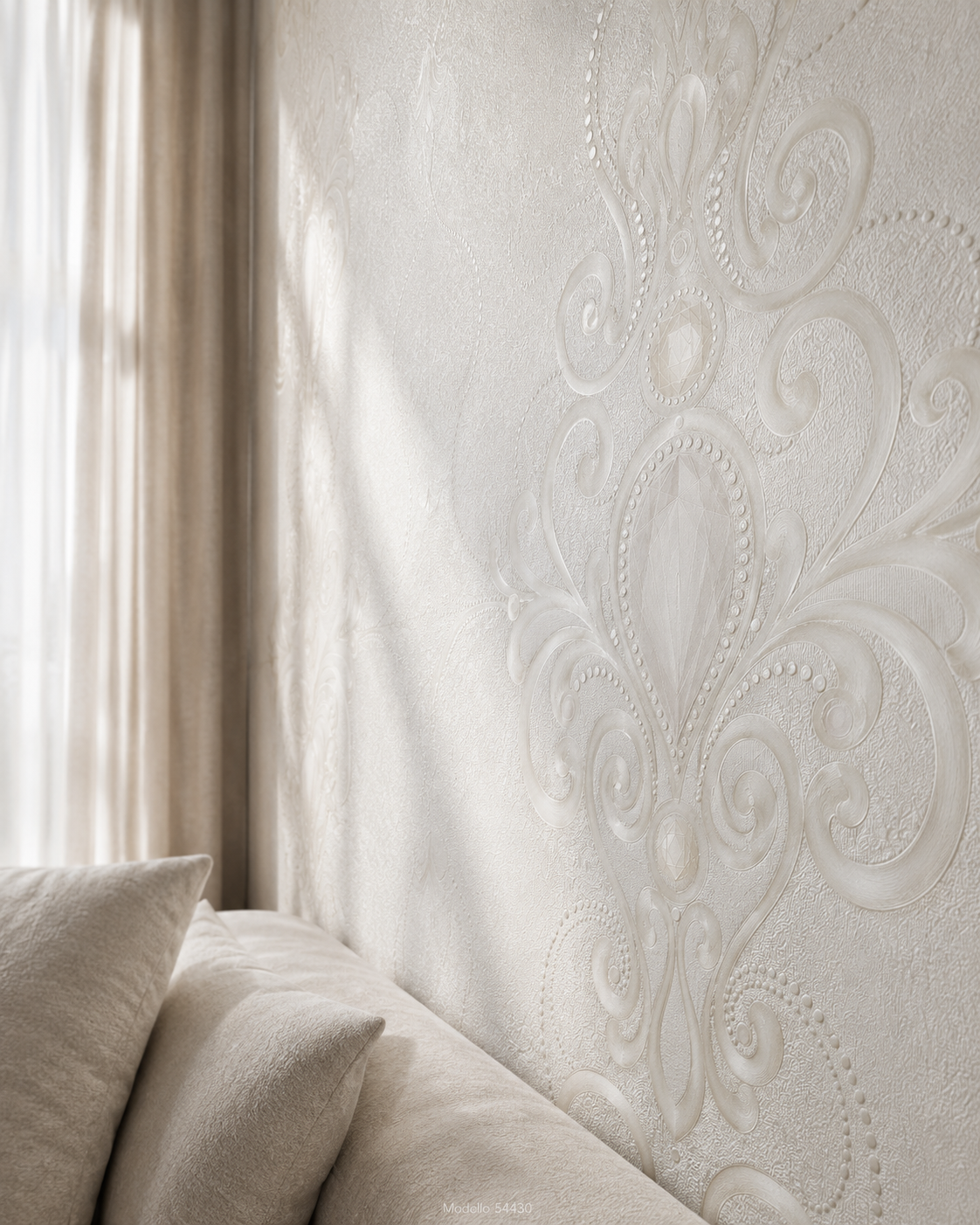 Carta da parati Marburg  Wallcovering - 54430 bianco perla damascato barocco con cristalli in rilievo