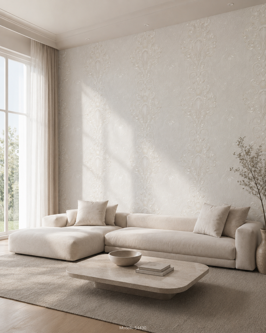 Carta da parati Marburg Wallcovering - 54430 bianco perla damascato barocco con cristalli in rilievo