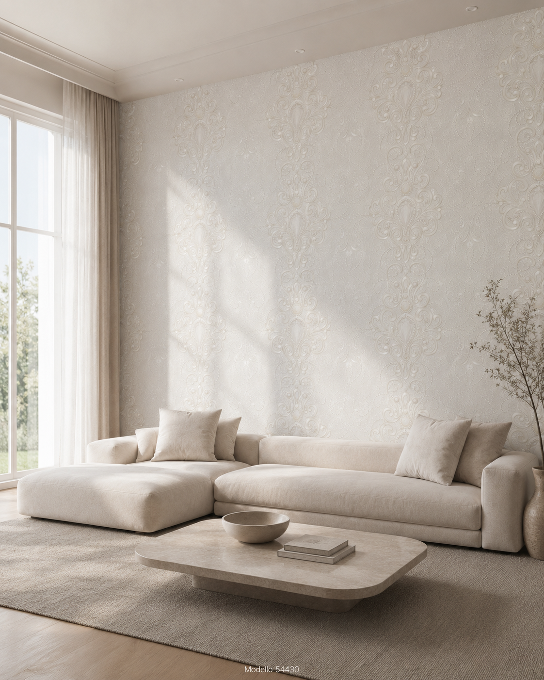 Carta da parati Marburg  Wallcovering - 54430 bianco perla damascato barocco con cristalli in rilievo